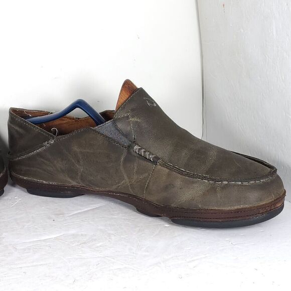 OluKai Men's Moloa US 10,5 Brown Leather Flats Loafer Slippers Shoes - Picture 8 of 14
